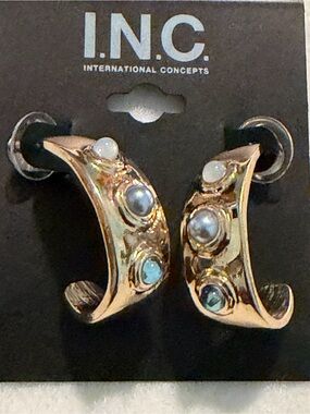 INC International Concepts Gold Hoop Earrings with Blue and White Stones